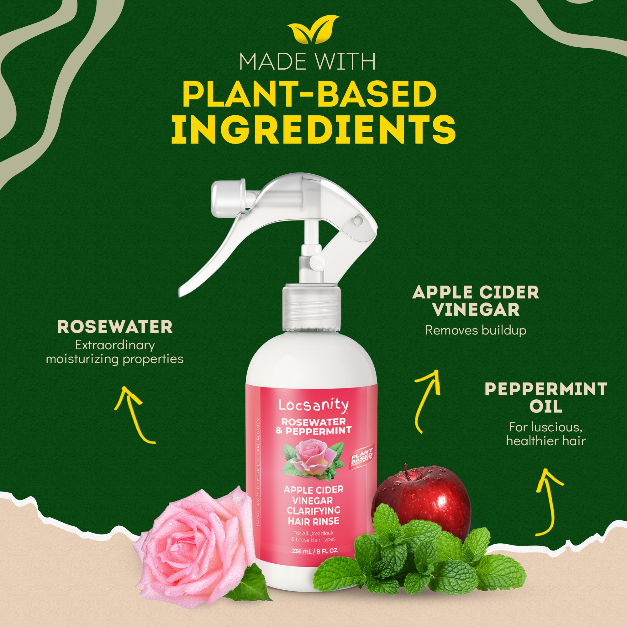 Locsanity Rosewater Peppermint flatlay packaging highlights eco-friendly box.