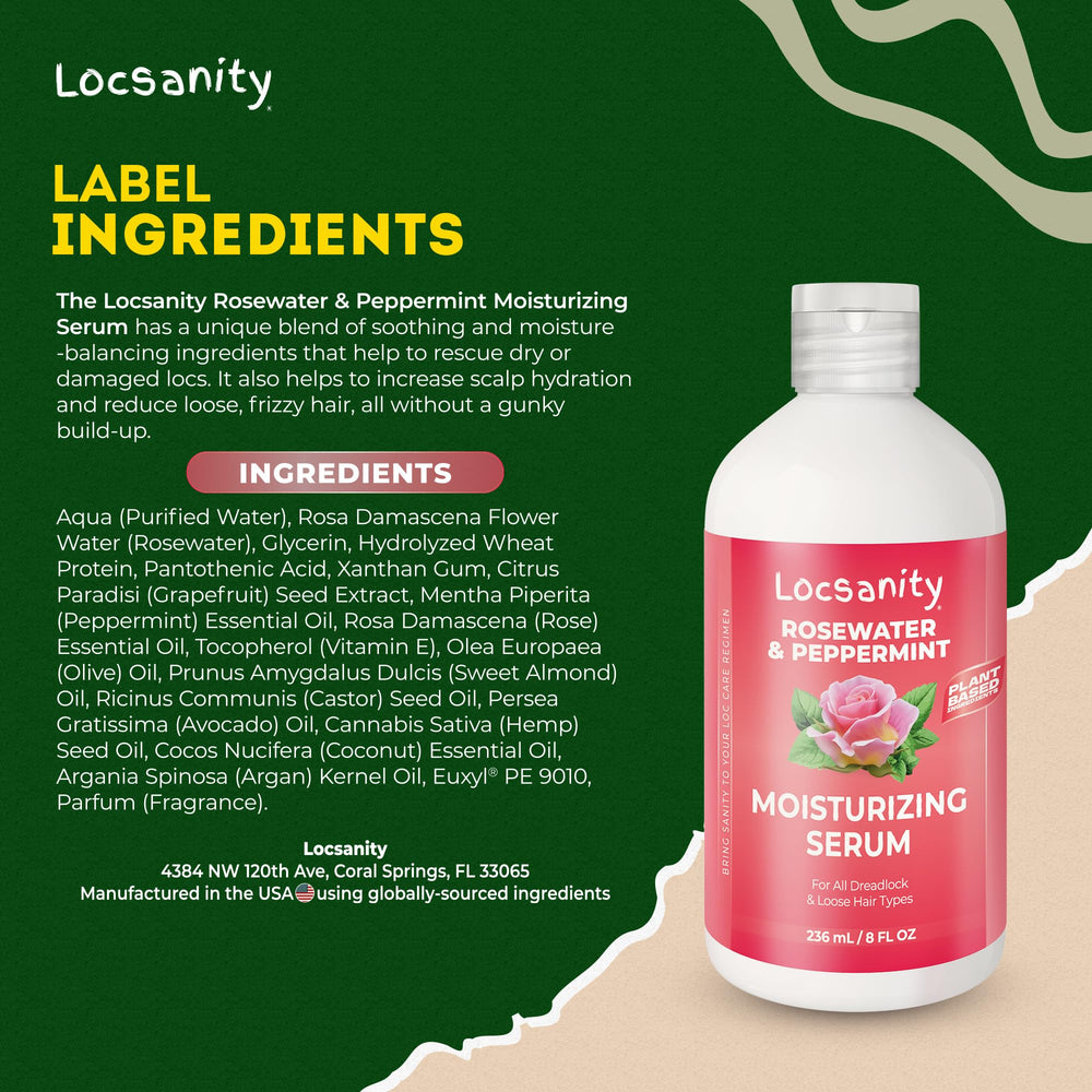 Locsanity Rosewater Peppermint Serum dropper dispensing a refreshing dose for scalp care