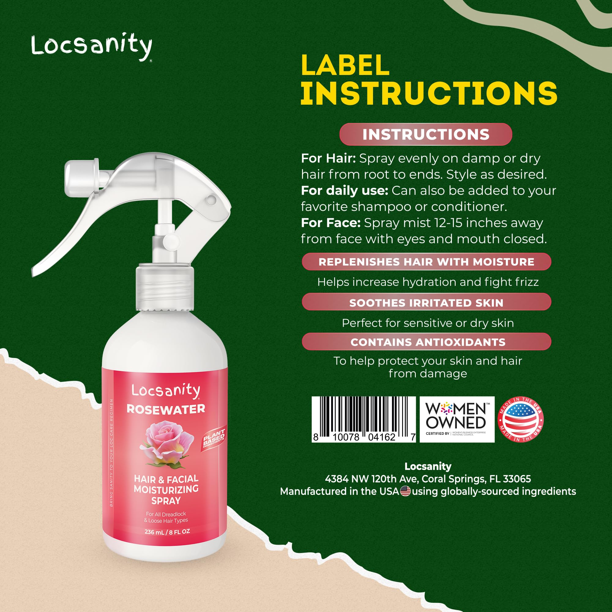 Locsanity Rosewater scalp soothing mist calms irritation and redness.