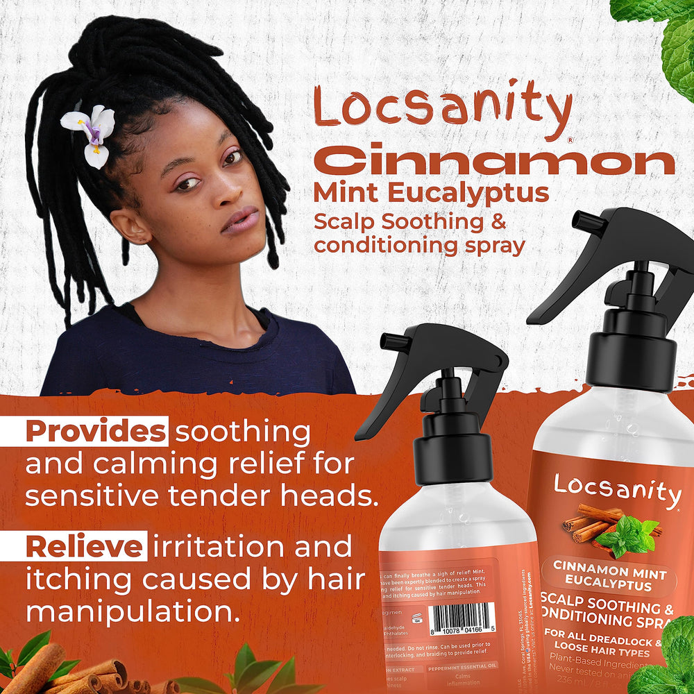 Locsanity scalp relief closeup highlighting gentle formula.
