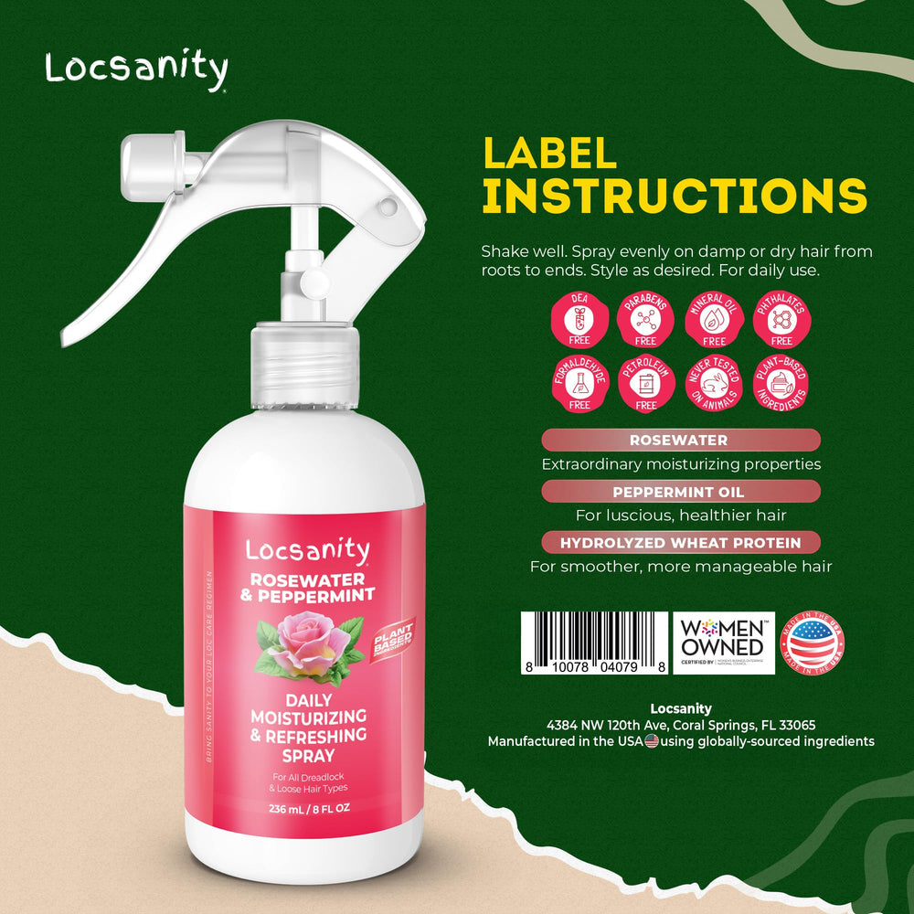 Locsanity spray mist on locs delivering refreshing scent.