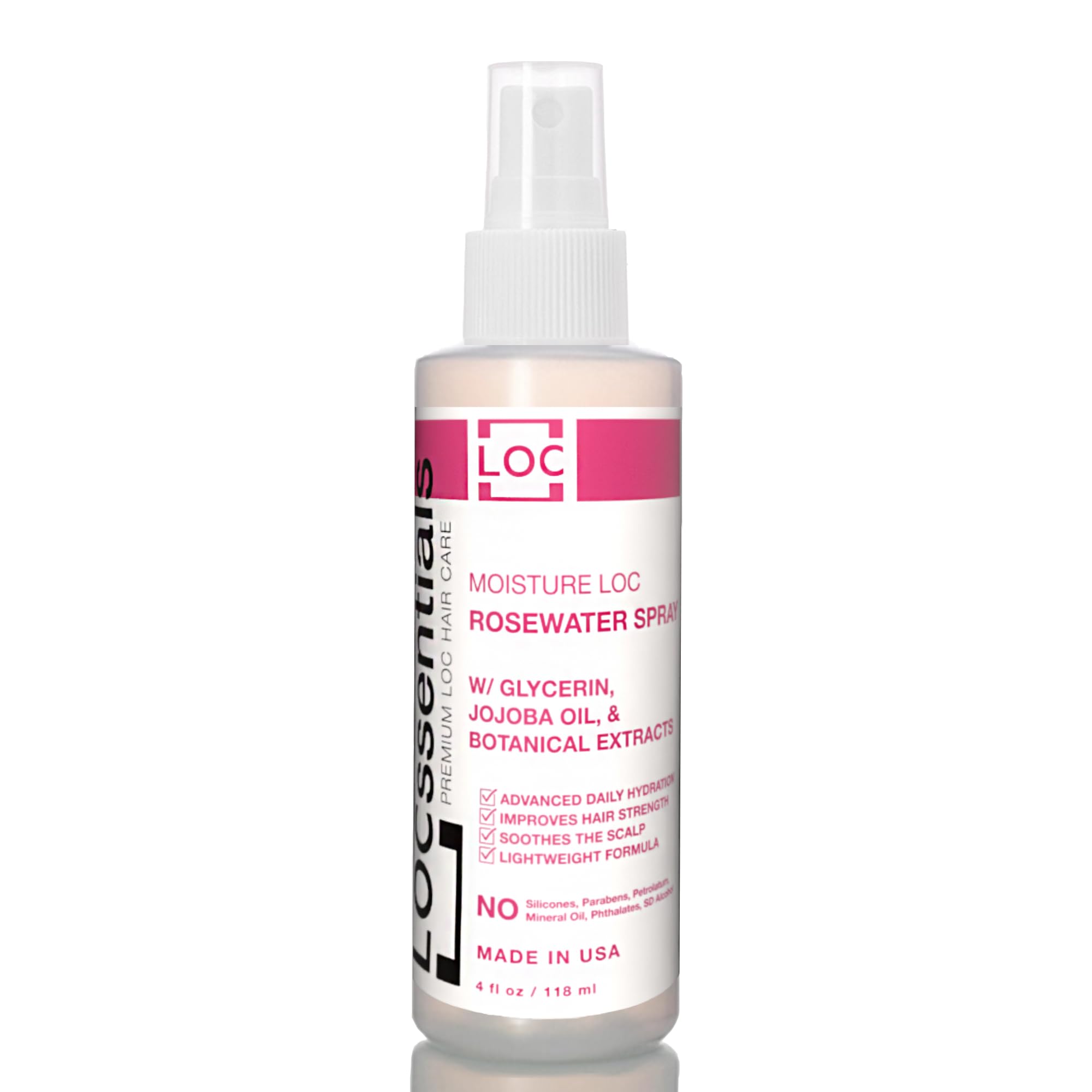 LOCssentials Rose Water Spray bottle delivering portable hydration for locs