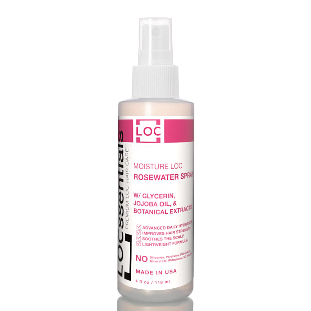 LOCssentials Rose Water Spray bottle delivering portable hydration for locs