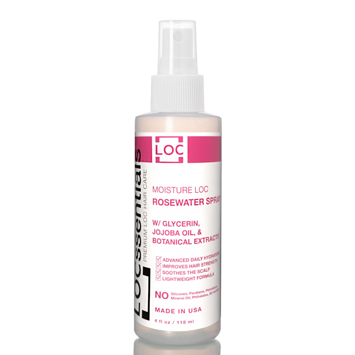 LOCssentials Rose Water Spray bottle delivering portable hydration for locs