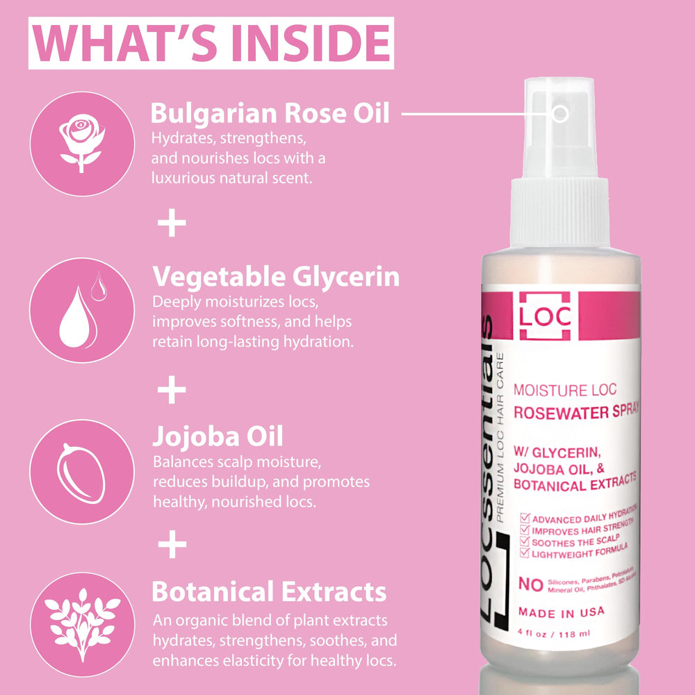LOCssentials Rose Water Spray ingredients highlight Bulgarian rose oil and botanicals