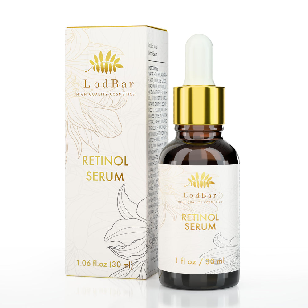 LodBar Retinol Serum bottle shows dual retinoid system for balanced renewal