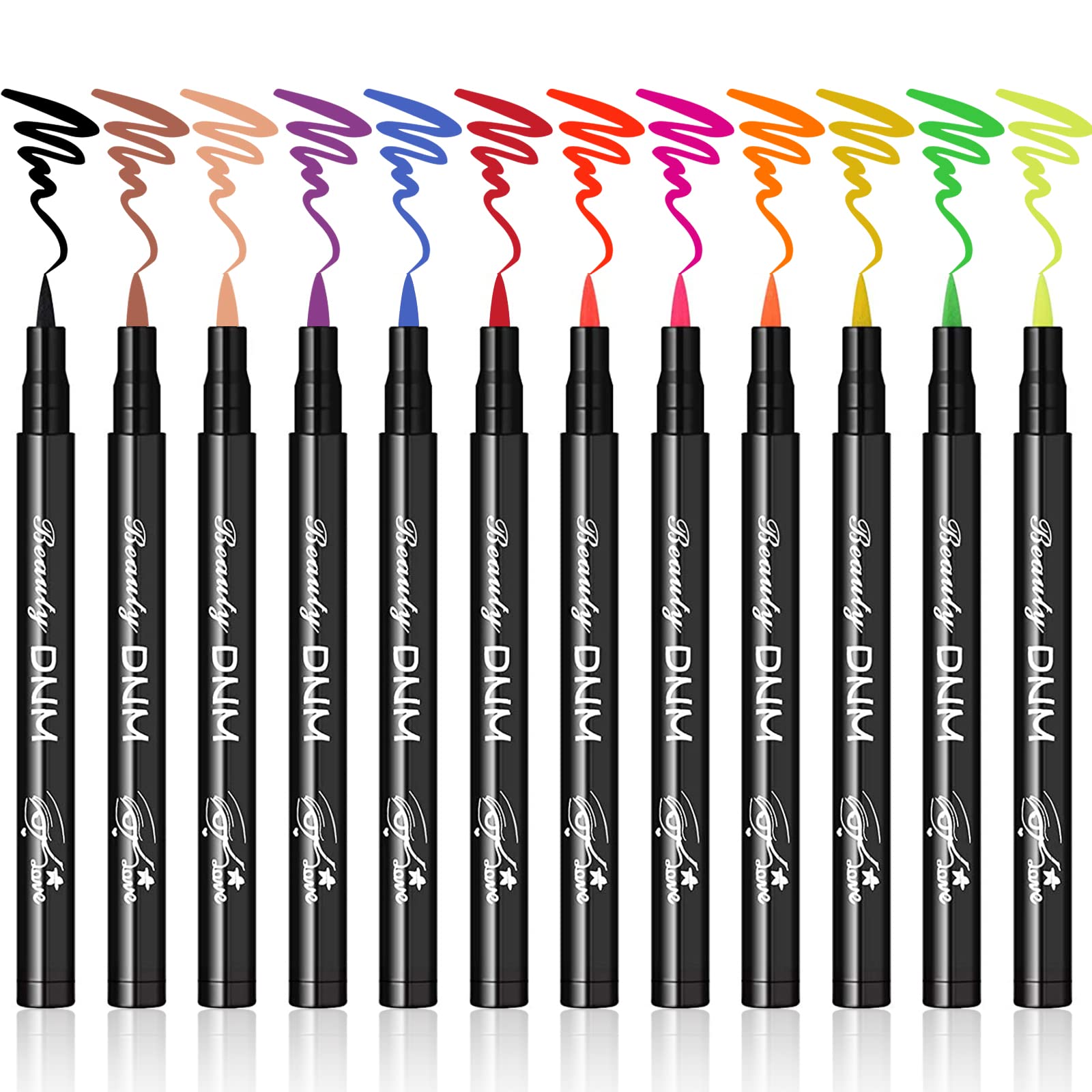 LOKFAR 12 color matte liquid eyeliner set swatches show vibrant neon shades for precise liner