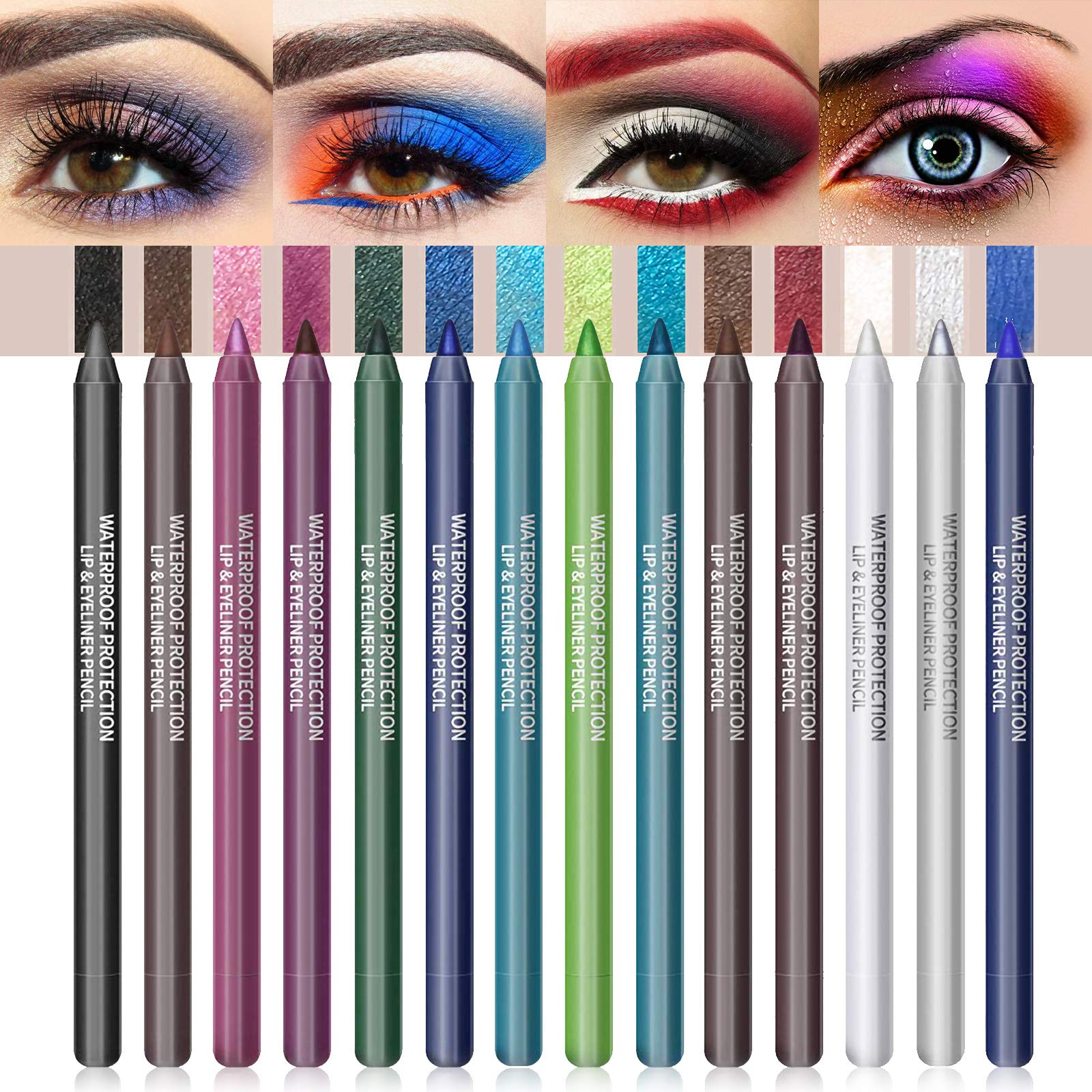 LOKFAR 14-color eyeliner set swatches showing matte, pearl, metallic, and glitter finishes for bold looks.
