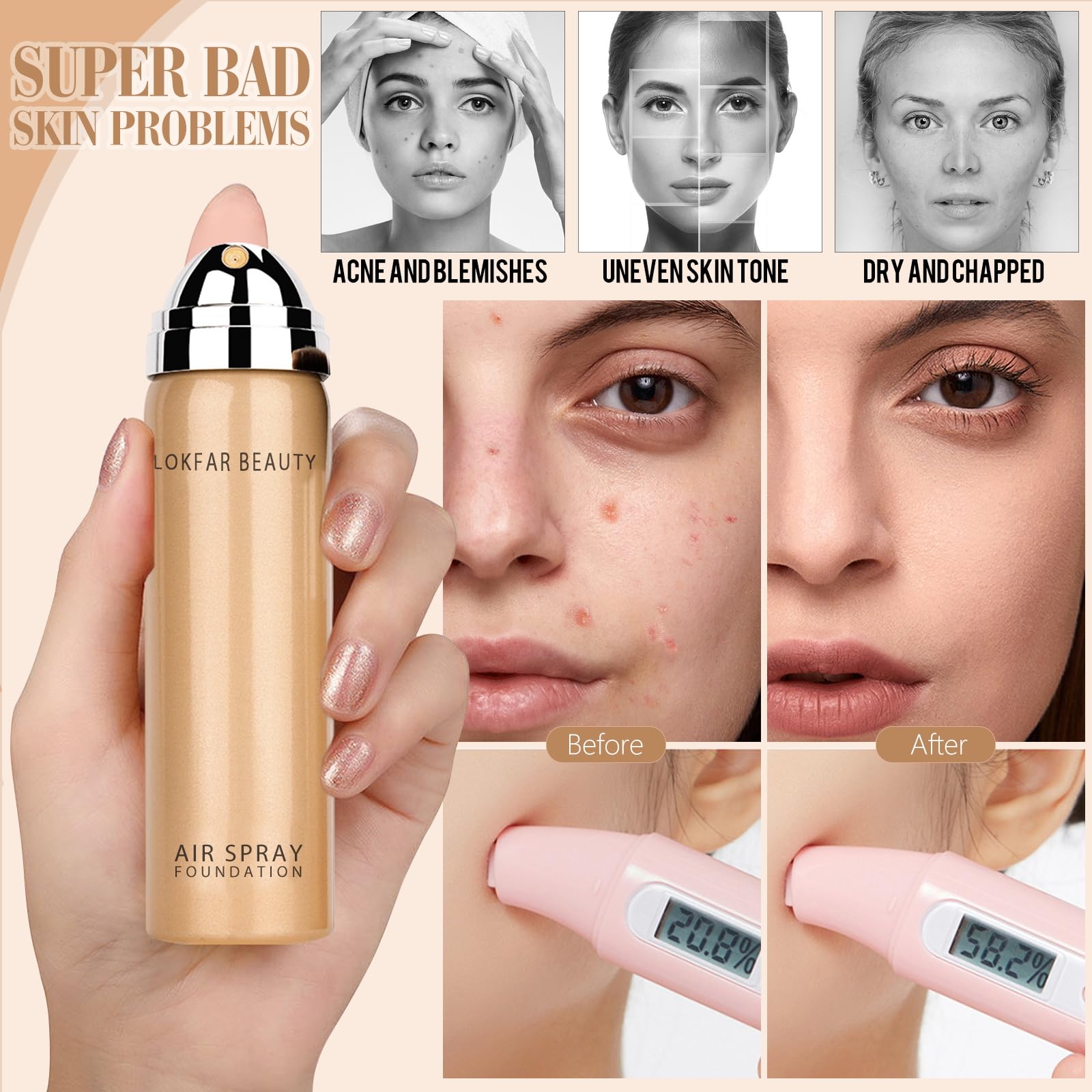 LOKFAR even skin tone with adjustable spray intensity for customization.