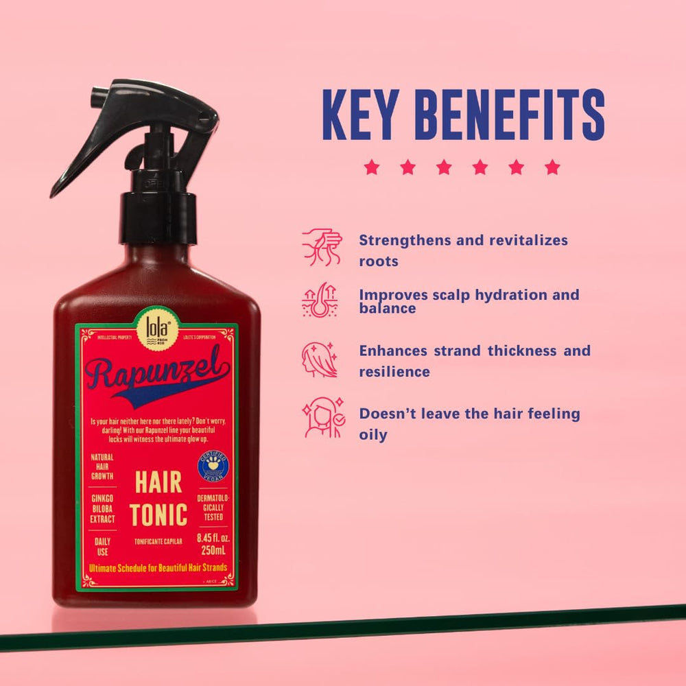Close-up of Lola From Rio Rapunzel Hair Tonic label with key benefits