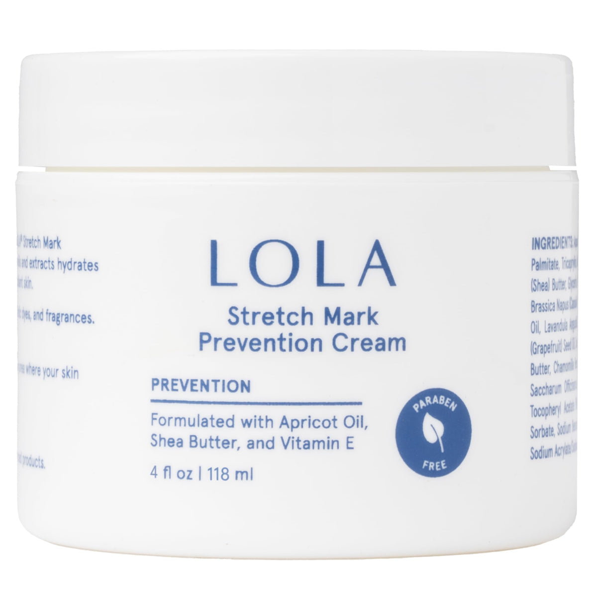 LOLA Stretch Mark Prevention Cream bottle showing elasticity-focused hydration for pregnancy