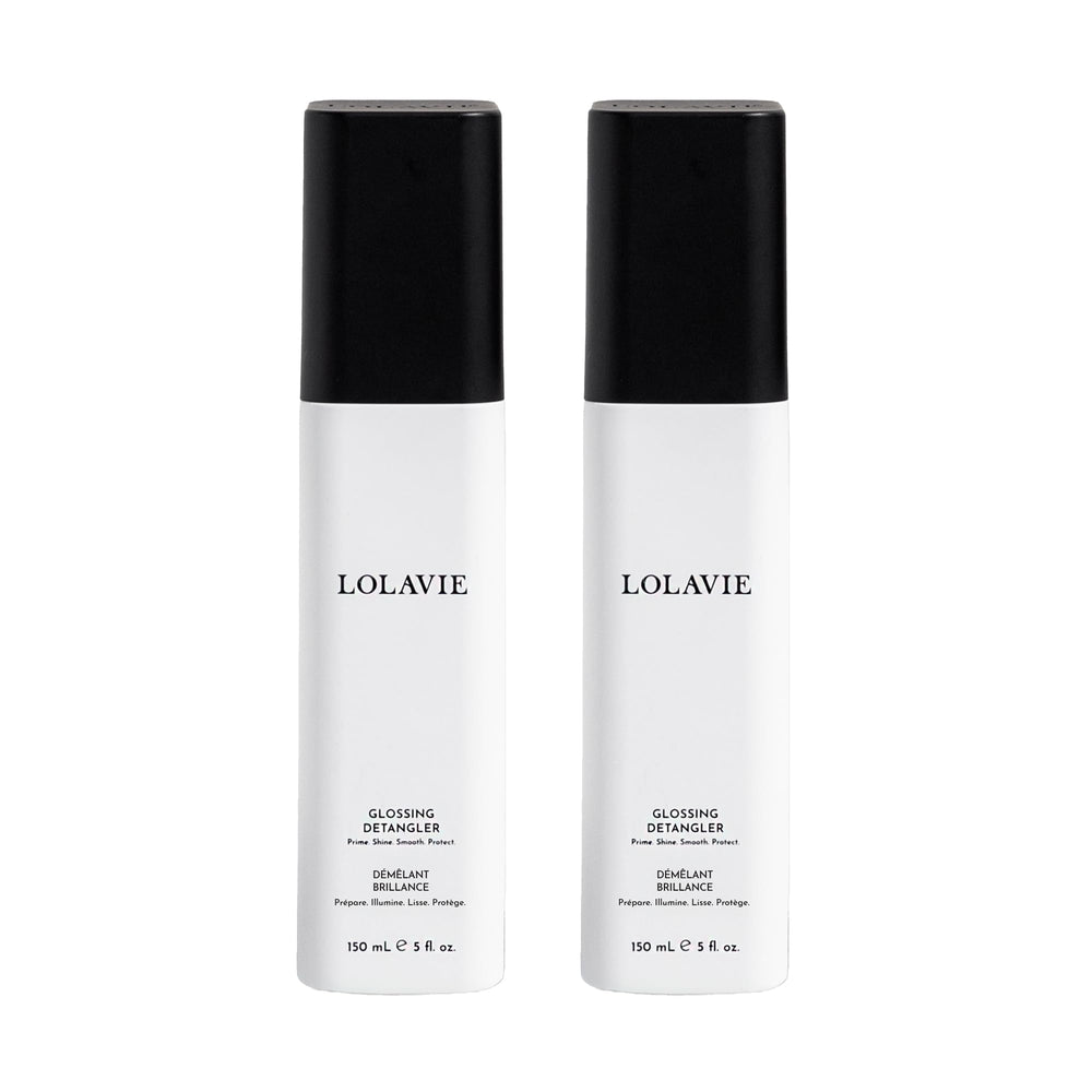 LolaVie Glossing Detangler bottle pour shows shine and heat protection in action.