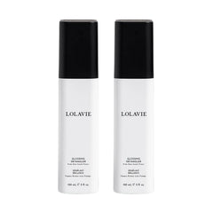 LolaVie Glossing Detangler bottle pour shows shine and heat protection in action.