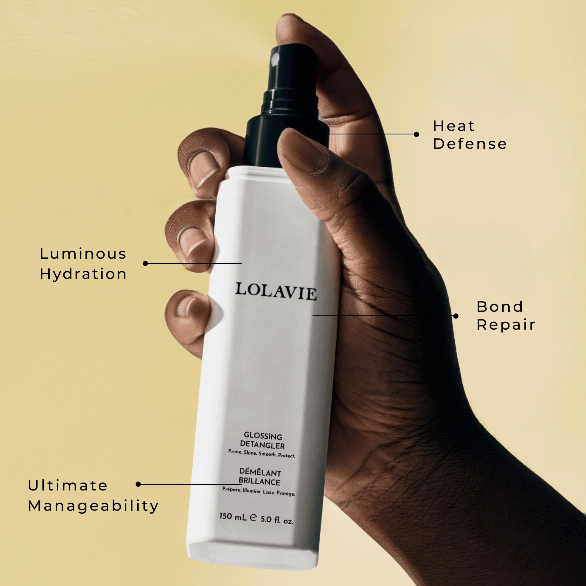 LolaVie Glossing Detangler packaging front highlights vegan, color-safe formula.