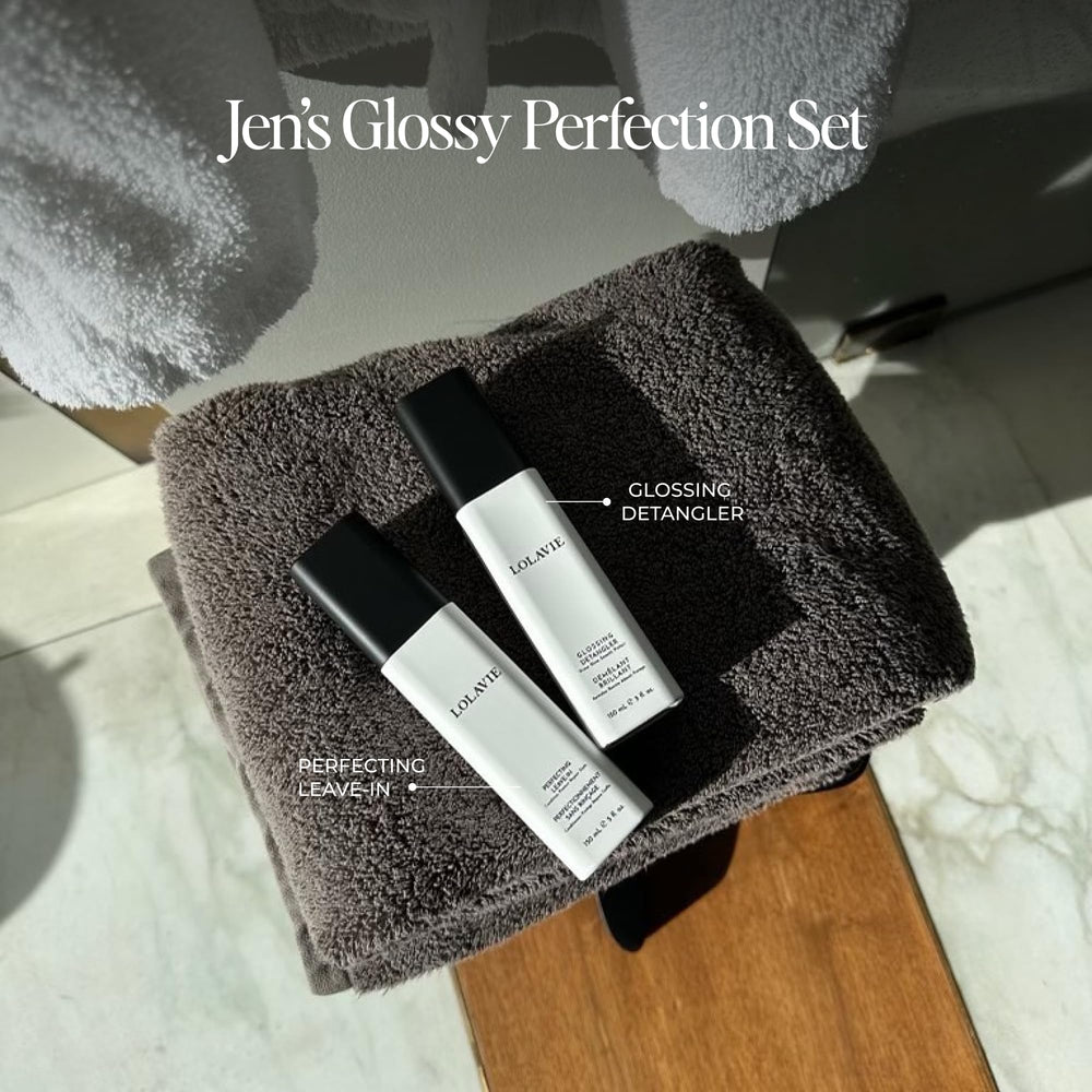 LolaVie Jen's Glossy Perfection Leave-In bottle for smooth, hydrated hair.