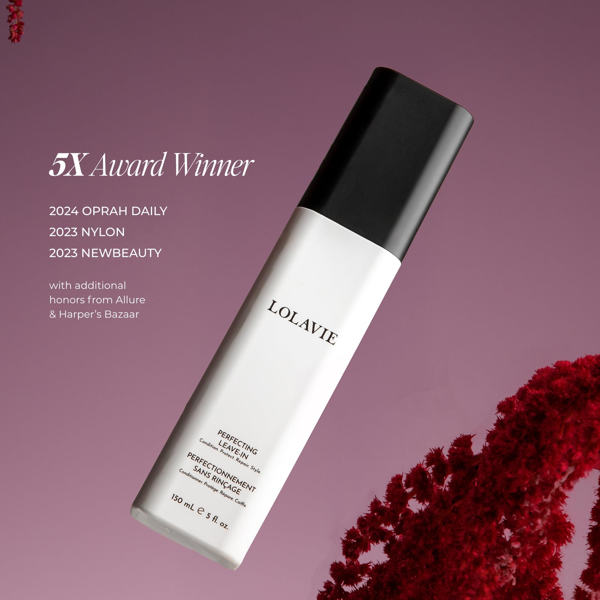 Lolavie Perfecting Leave-In bottle showcases heat shield up to 450 degrees.