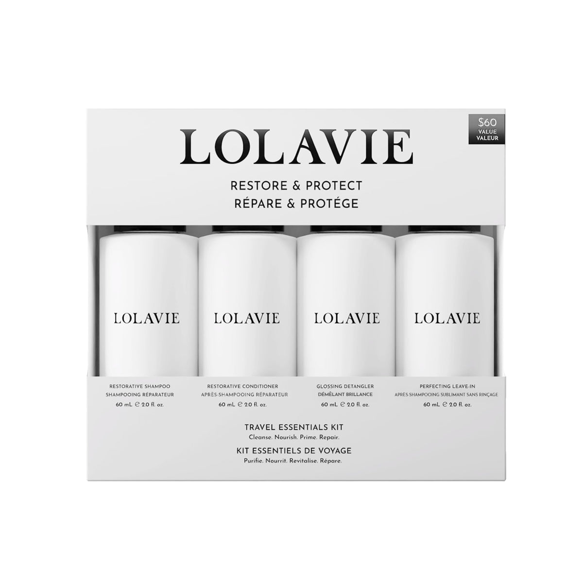 LolaVie Restorative Shampoo travel bottle for clean, refreshed hair on the go.