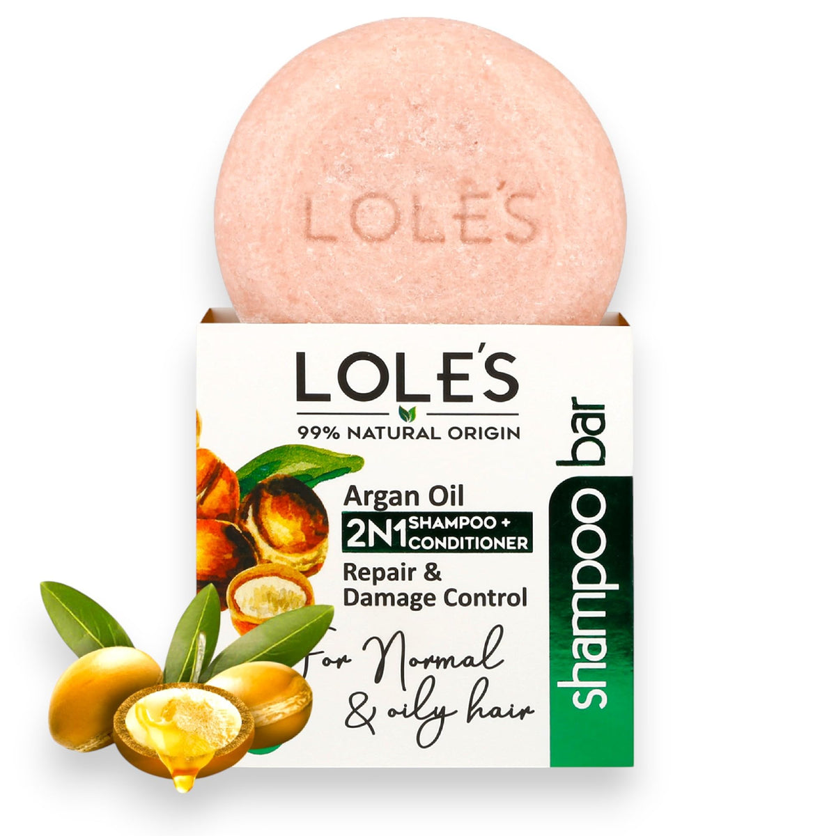 LOLE'S 2in1 shampoo bar with argan oil for gentle cleansing of normal to oily hair.