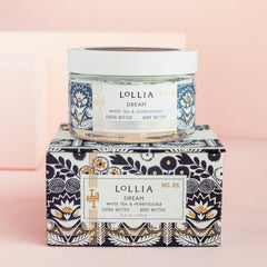 LOLLIA Dream Body Butter jar closeup highlighting rich shea and cocoa moisture.