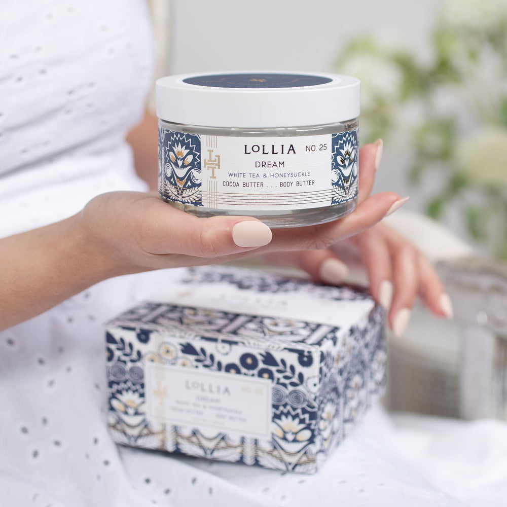LOLLIA Dream Body Butter label detail highlights premium ingredients for hydration.