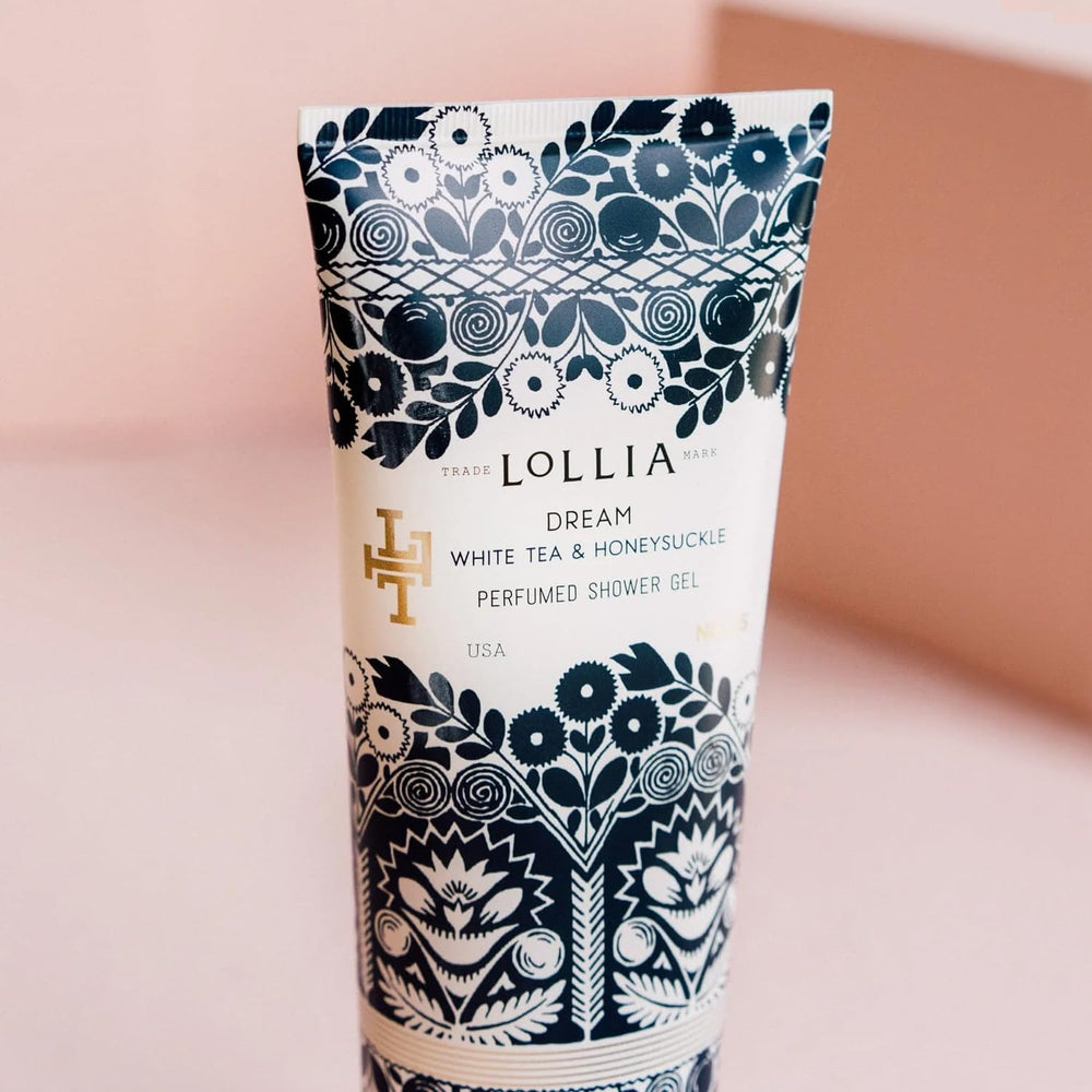 LOLLIA Dream Shower Gel enriched with shea butter and jojoba oil to soften skin.