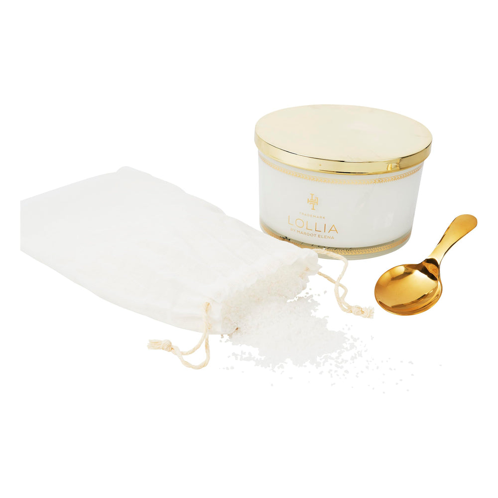 Calm bathroom scene with LOLLIA Elegance salts ready for soaking
