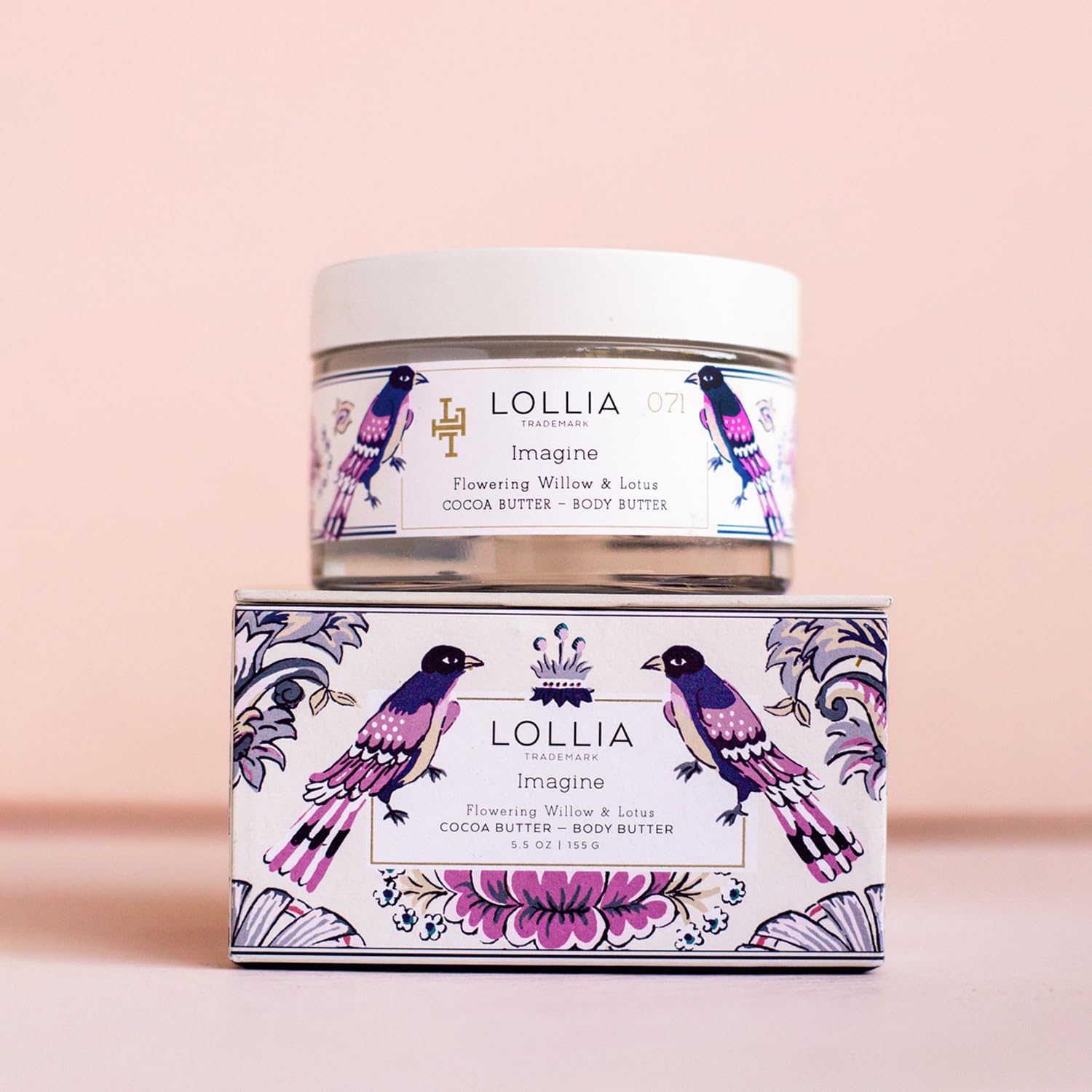 LOLLIA Imagine glass jar shows the creamy body butter for easy application.