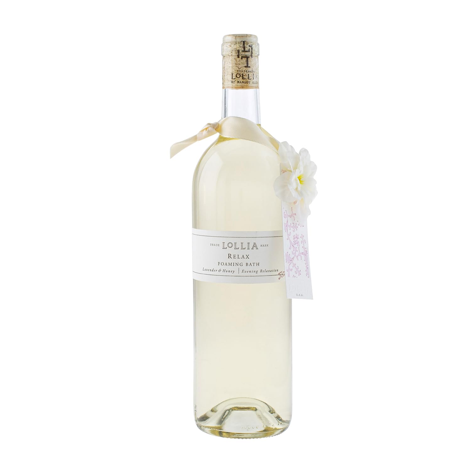 Lollia Relax bottle enriched with lavender honey fragrance for a calming soak