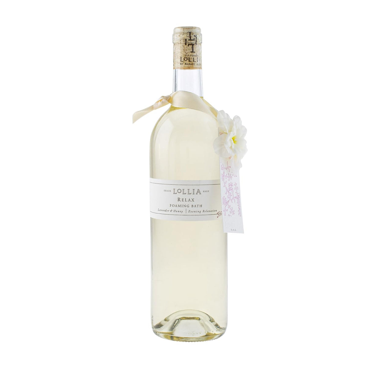 Lollia Relax bottle enriched with lavender honey fragrance for a calming soak