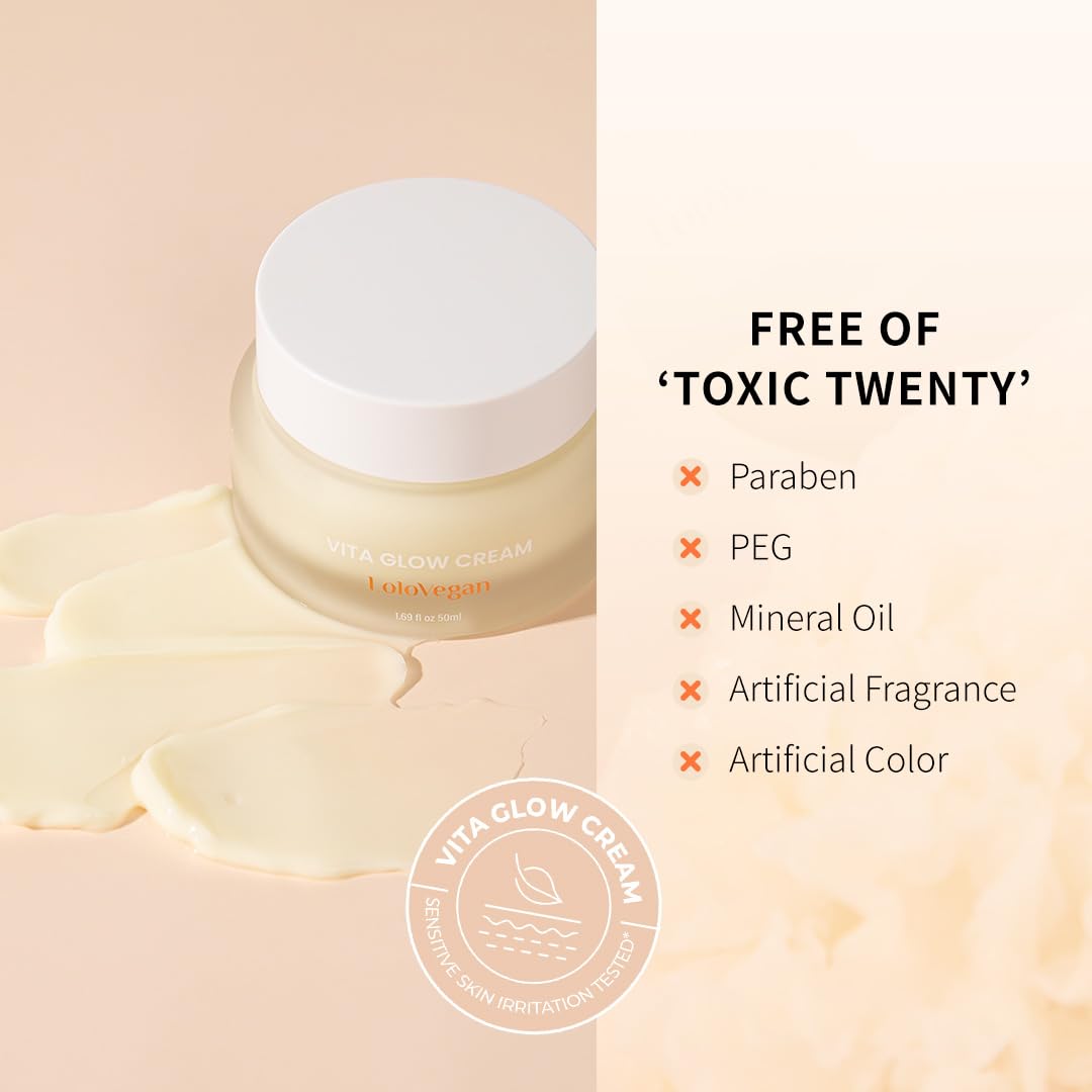 Lolovegan Vita Glow Cream features vitamin C complex and niacinamide for even tone.