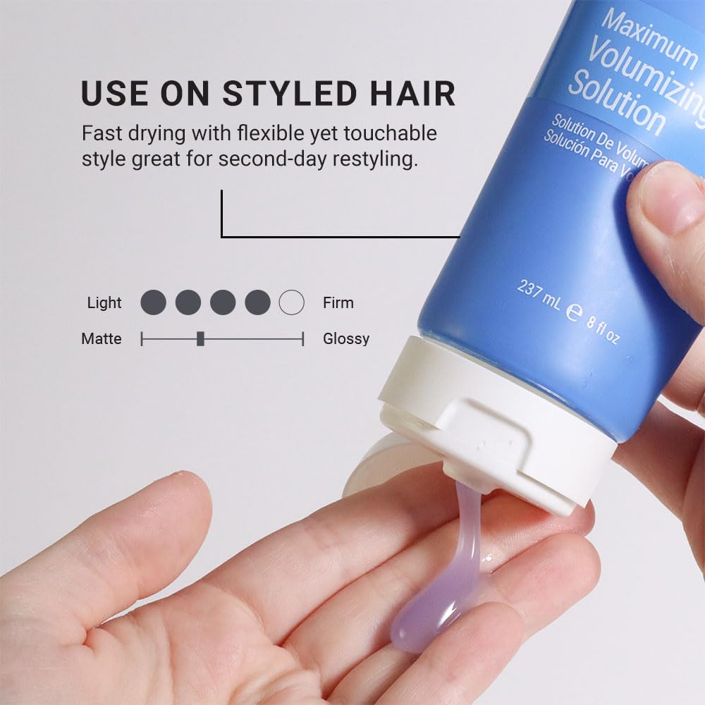 Loma Maximum Volumizing Solution hair application demonstrating lift and shine
