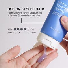 Loma Maximum Volumizing Solution hair application demonstrating lift and shine