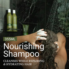 LOMA Nourishing Shampoo back panel highlighting creatine and olive oil ingredients.