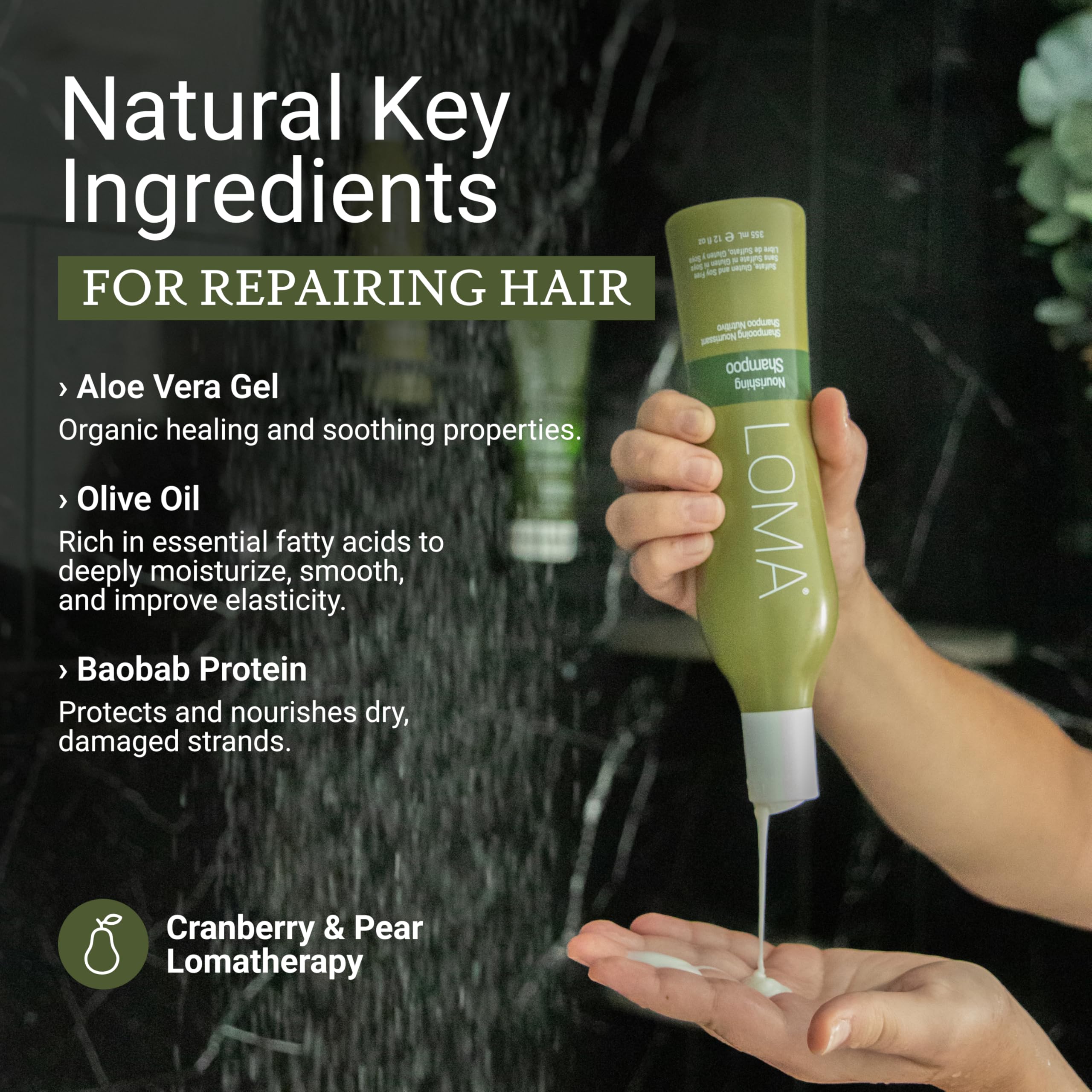 LOMA Nourishing Shampoo rich lather close-up for smooth, hydrated strands.