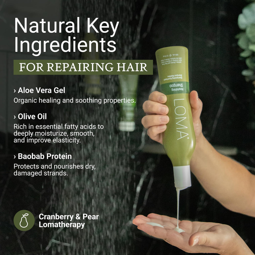 LOMA Nourishing Shampoo rich lather close-up for smooth, hydrated strands.