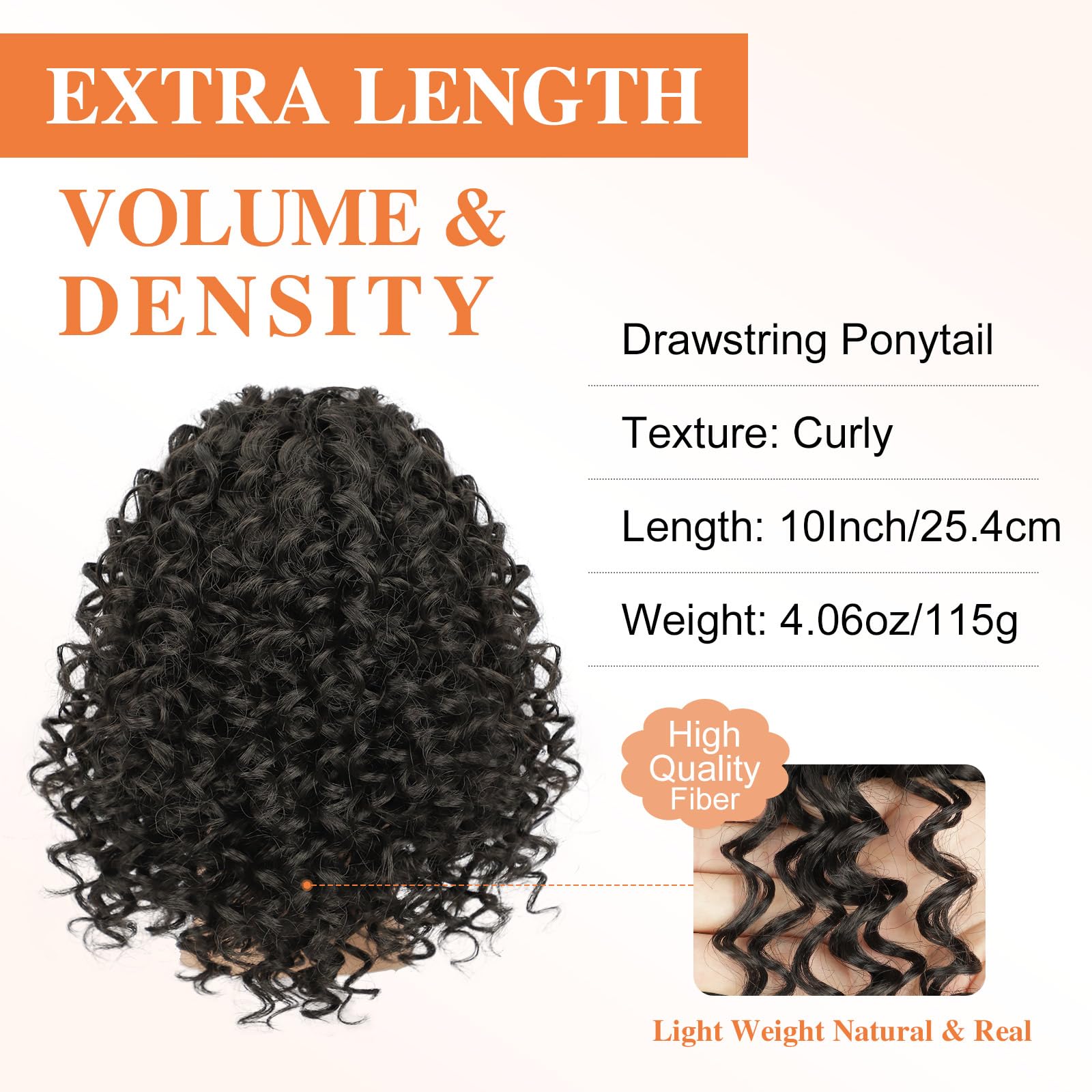 Lommel 10-inch brown-black curly ponytail extension in heat-resistant synthetic fiber.
