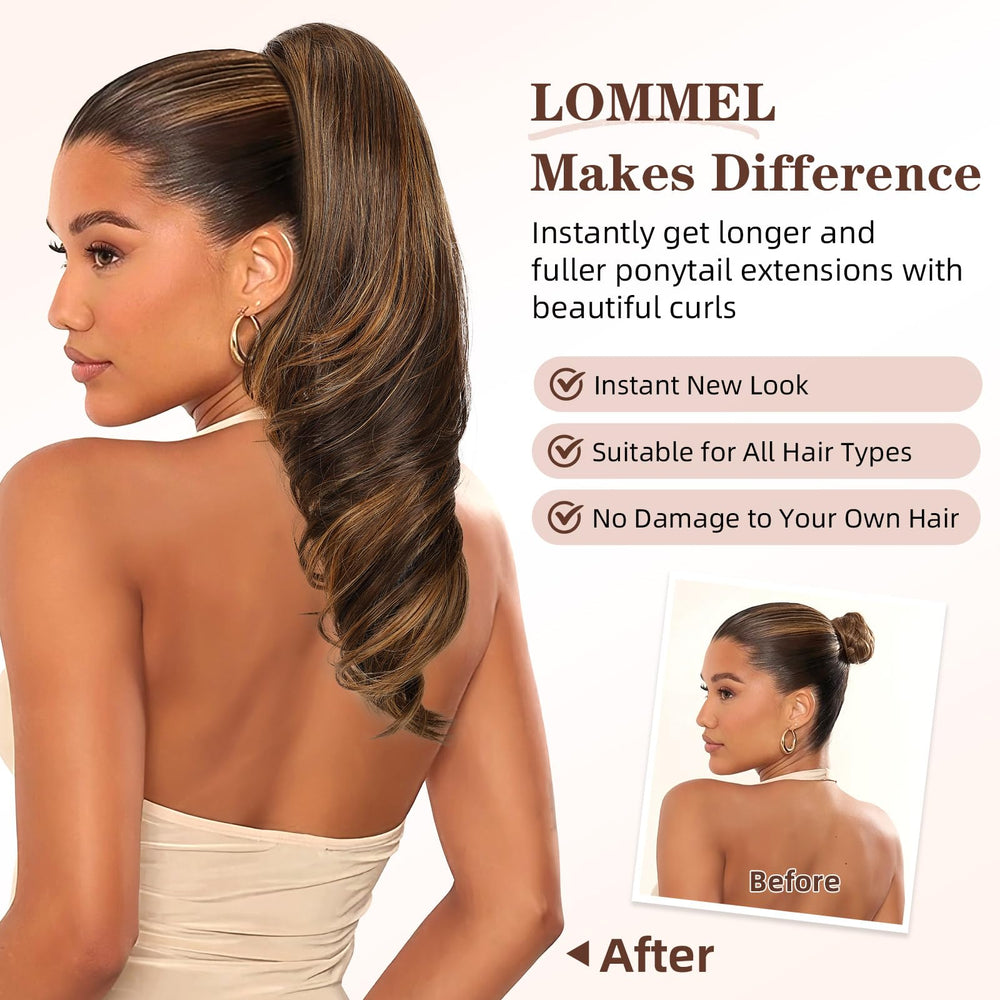 Lommel brown-black ponytail detail highlights layered, curled shape.