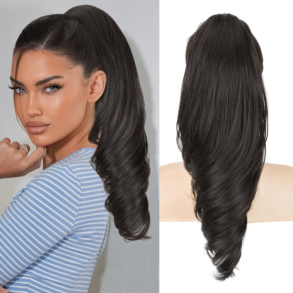 Lommel Claw Clip Ponytail Extension in brown-black demonstrates quick, secure styling.