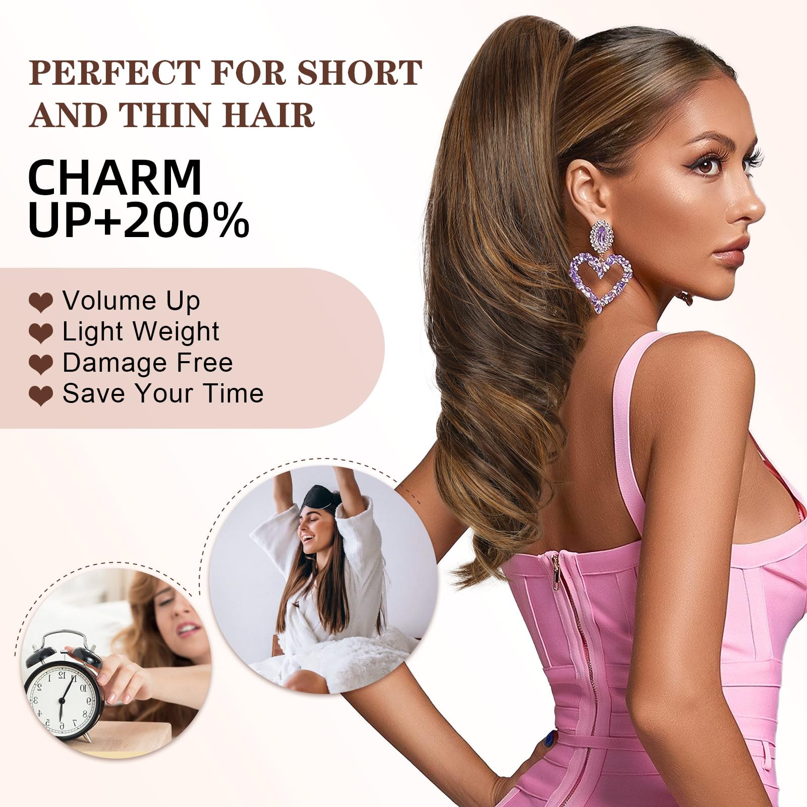 Lommel easy-clip ponytail attachment illustrates fast, secure wear.