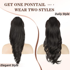 Lommel ponytail extension closeup reveals fiber texture and subtle shine.
