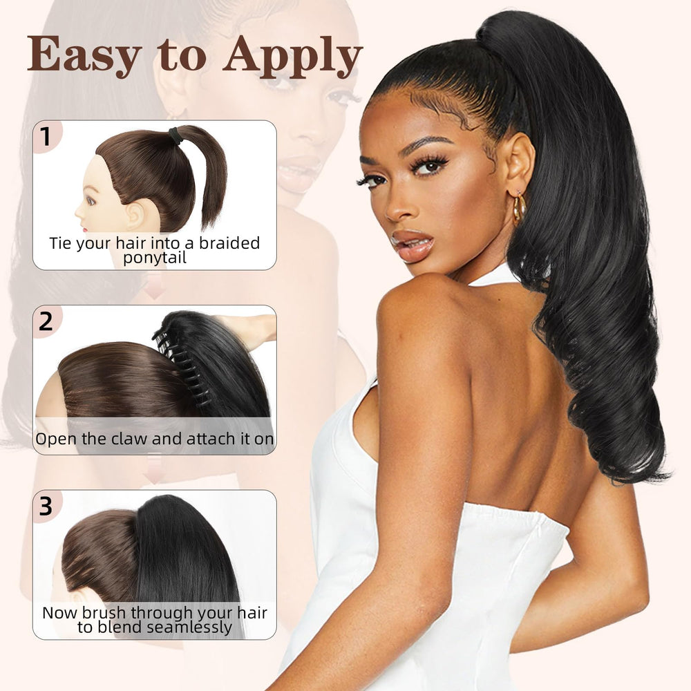 Lommel wavy curly ponytail on head offers stylish, all-day comfort.