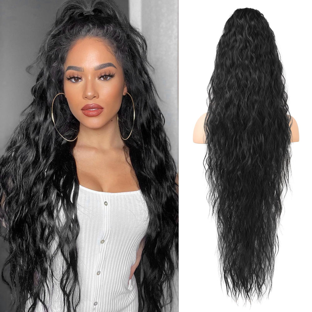 LONAI 34in black ponytail extension with long waves for instant length and volume.