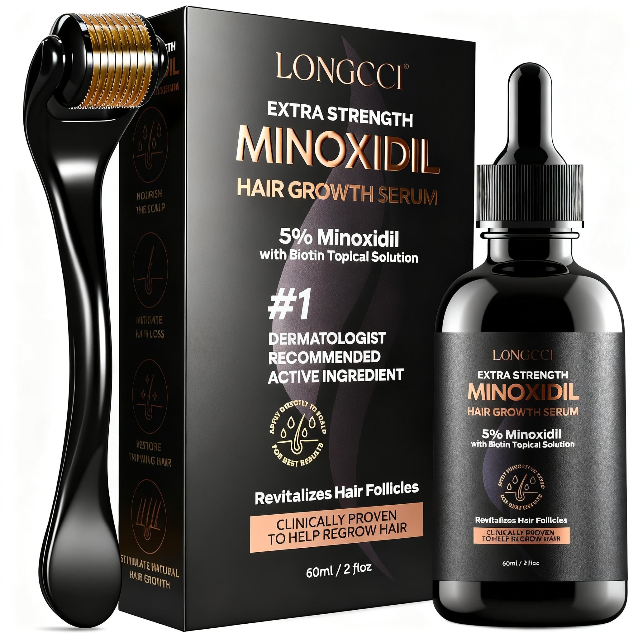 LONGCCI minoxidil serum bottle with dropper for precise scalp dosing.