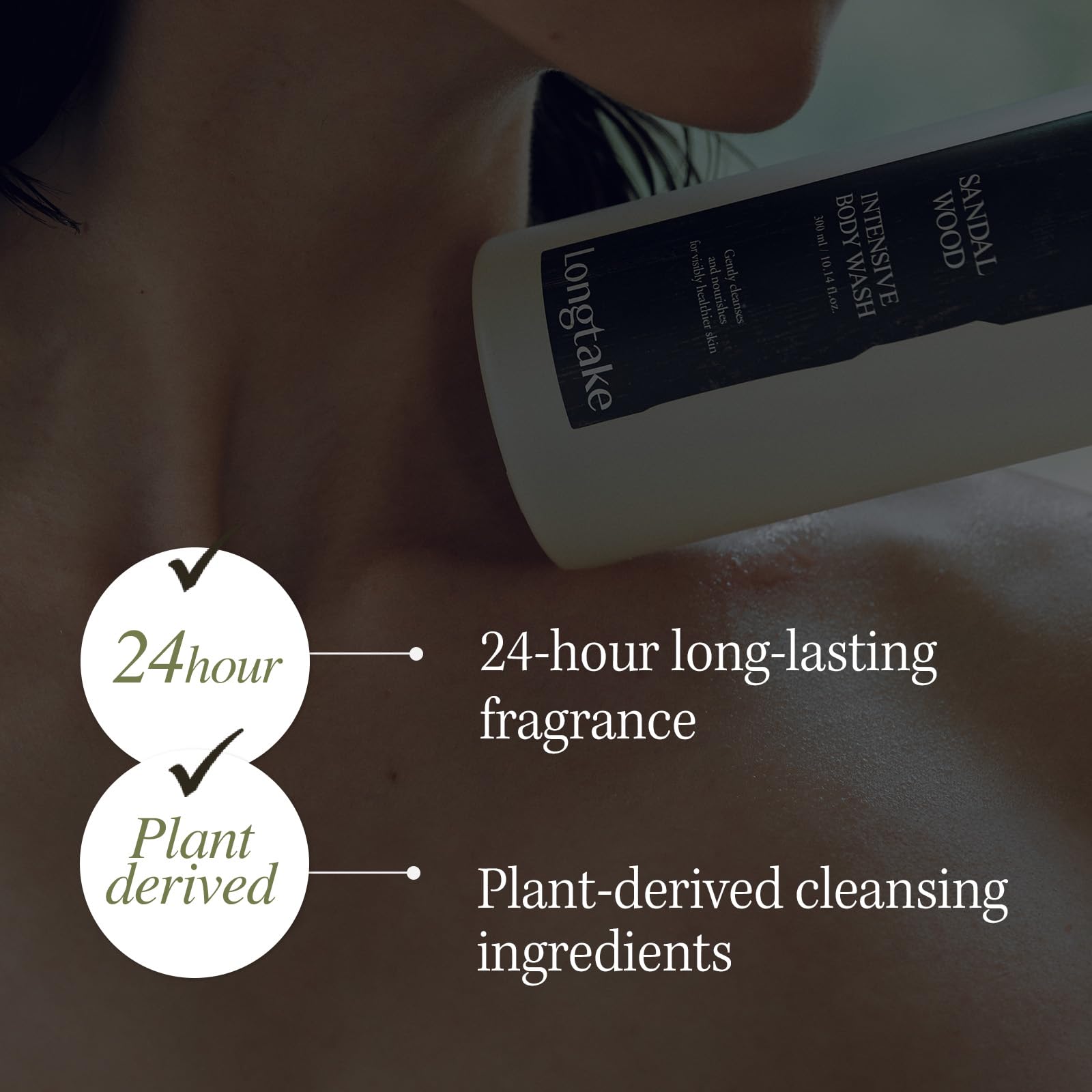LONGTAKE Sandalwood Body Wash upcycled-oakwood scent reflects sustainable fragrance.