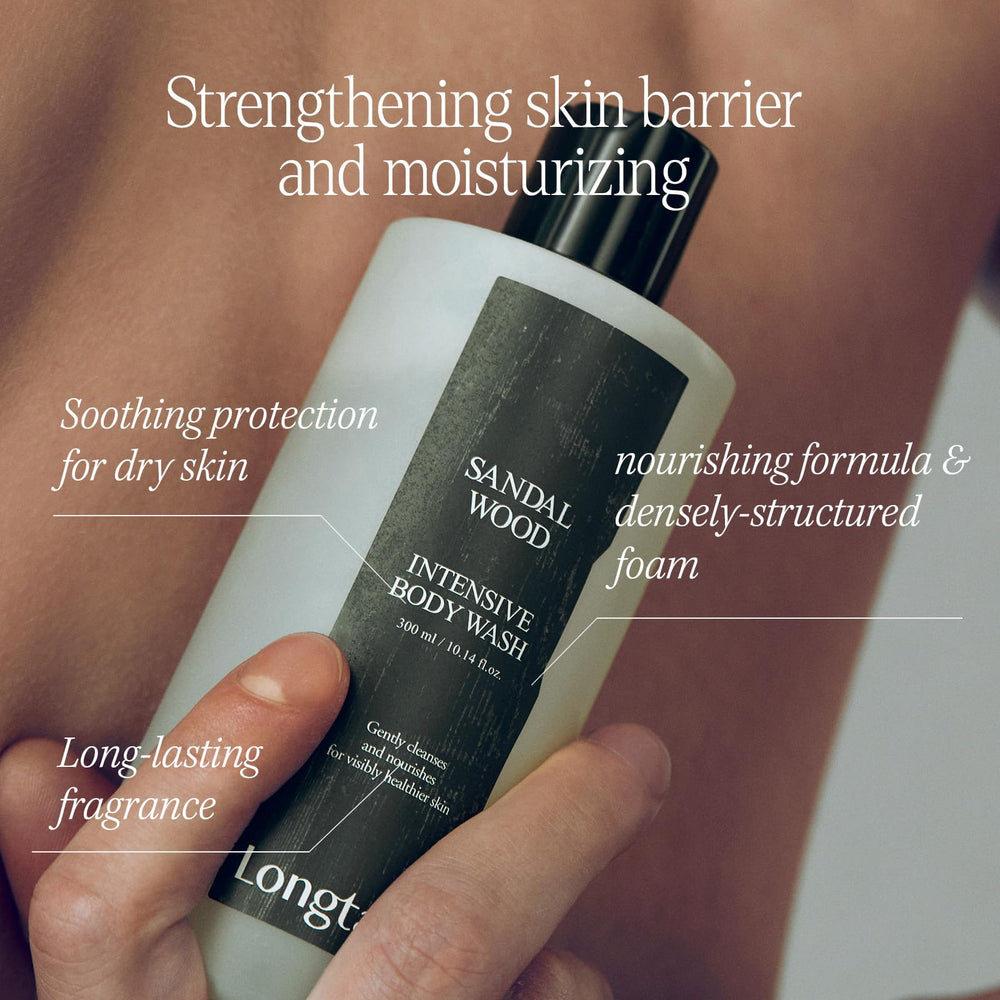 LONGTAKE Sandalwood Body Wash recyclable-packaging highlights eco-friendly design.