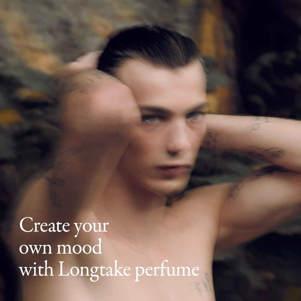 Close-up of cap and logo on LONGTAKE fragrance packaging
