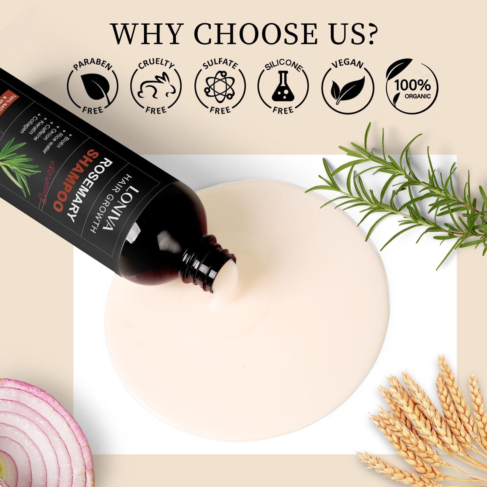 LONIVA shampoo caffeine close-up suggests stimulating scalp care.