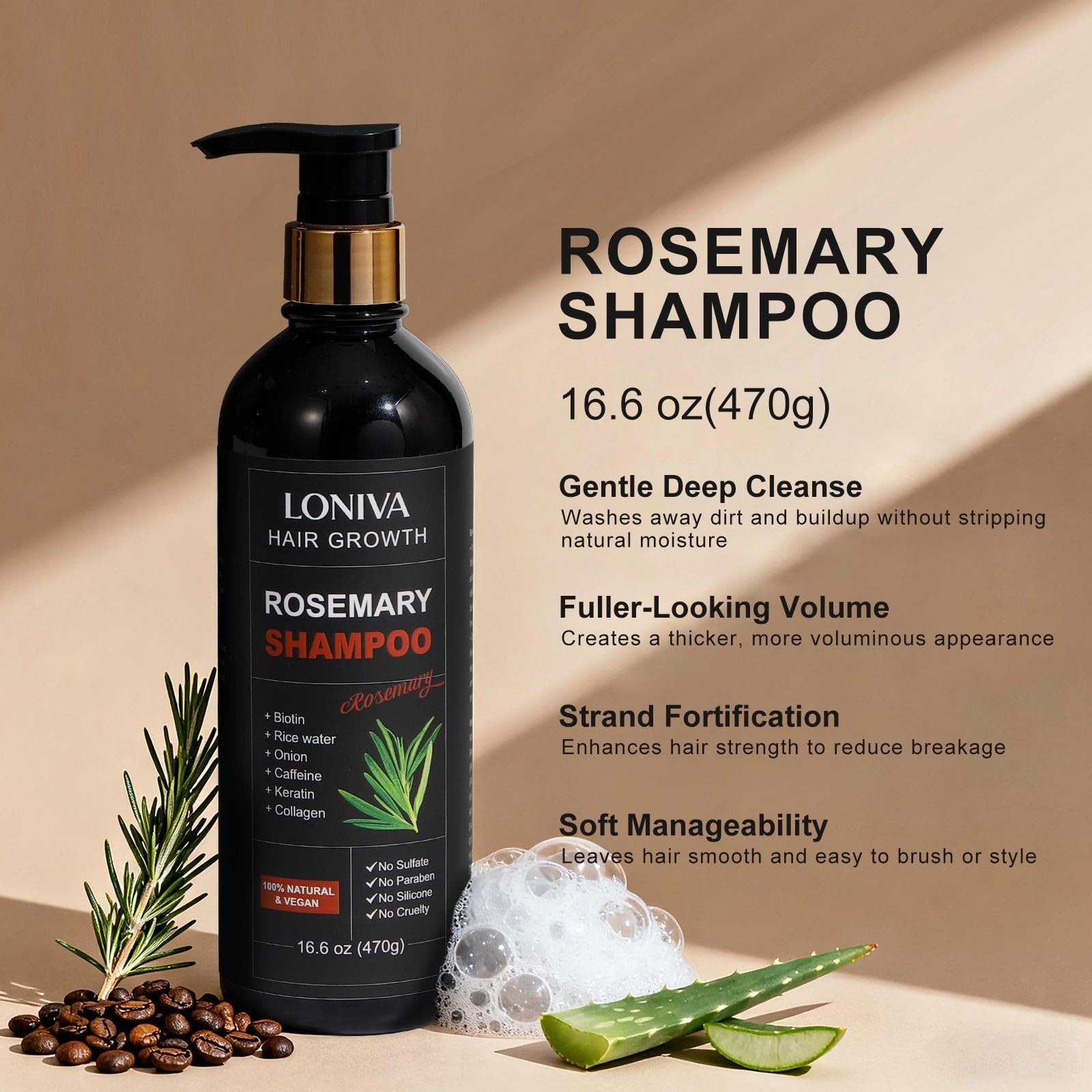 LONIVA Rosemary Hair Growth Shampoo label-front shows a natural vegan formula.