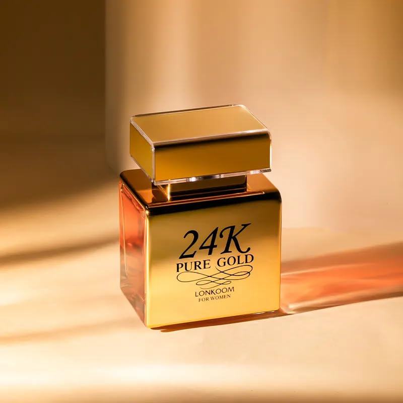 Lonkoom 24K Gold perfume bottle musk-amber base close-up conveys lasting warmth.