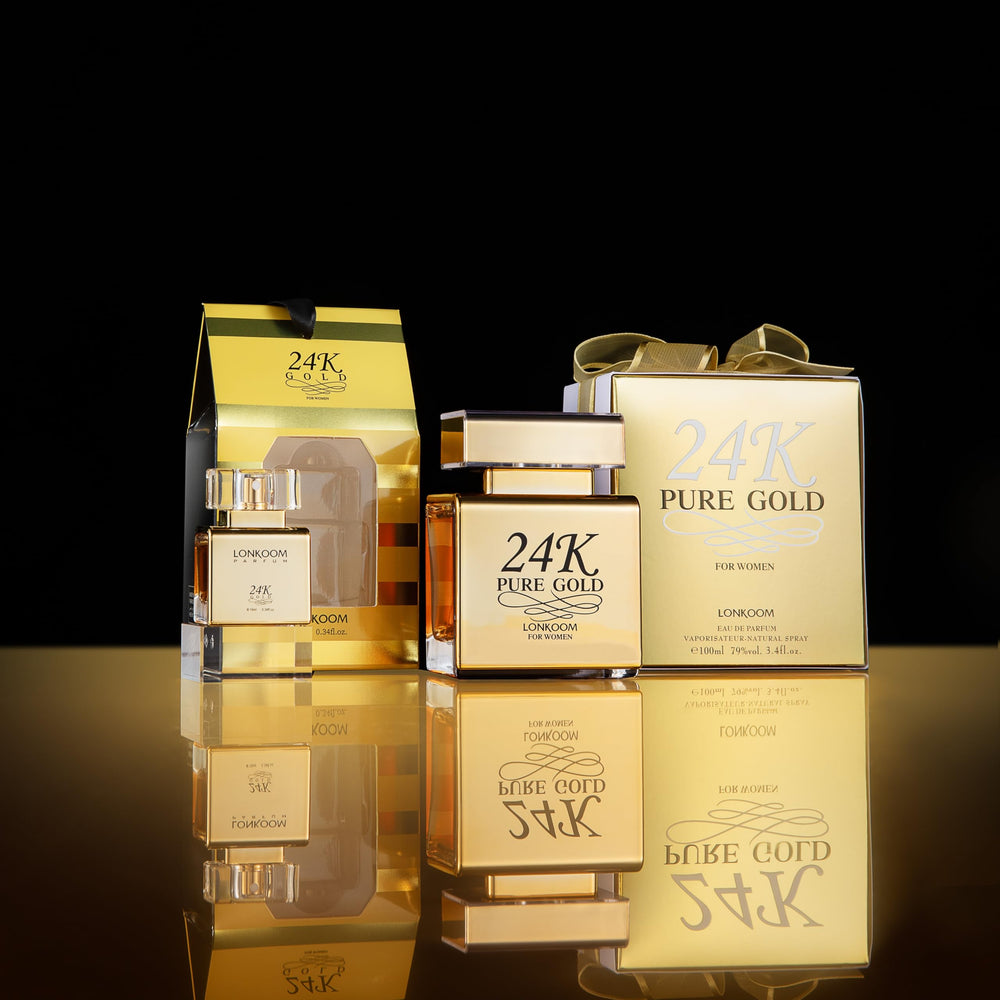 Lonkoom 24K Gold bottle pour action demonstrates easy application on pulse points.